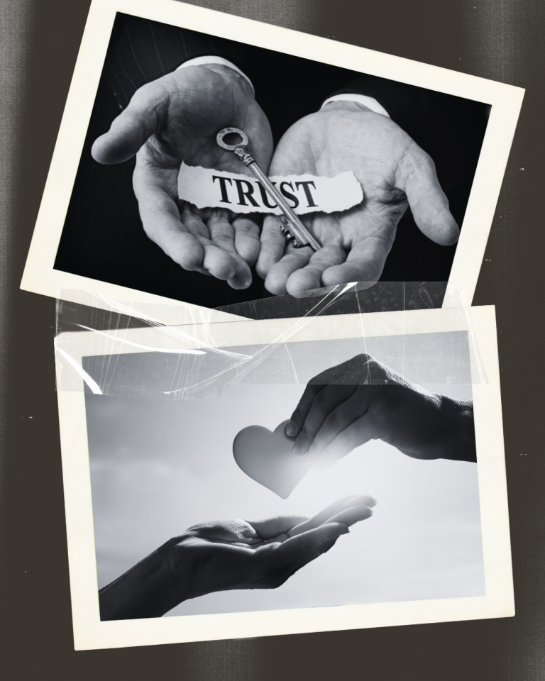 Top picture hands holding a key with a label trust. Bottom picture a hand putting a cut out of a heart shape in the palm of another hand