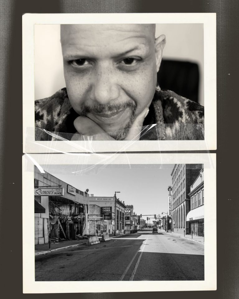 Collage picture Musiata portrait at the top and a picture of East St Louis at the bottom black and white