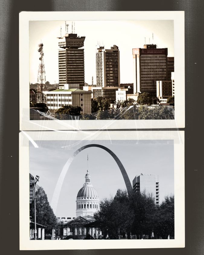 Collage picture, top picture, cityscape of Lusaka Zambia, bottom picture a city scape of St Louis Missouri capturing the old court house and the arch