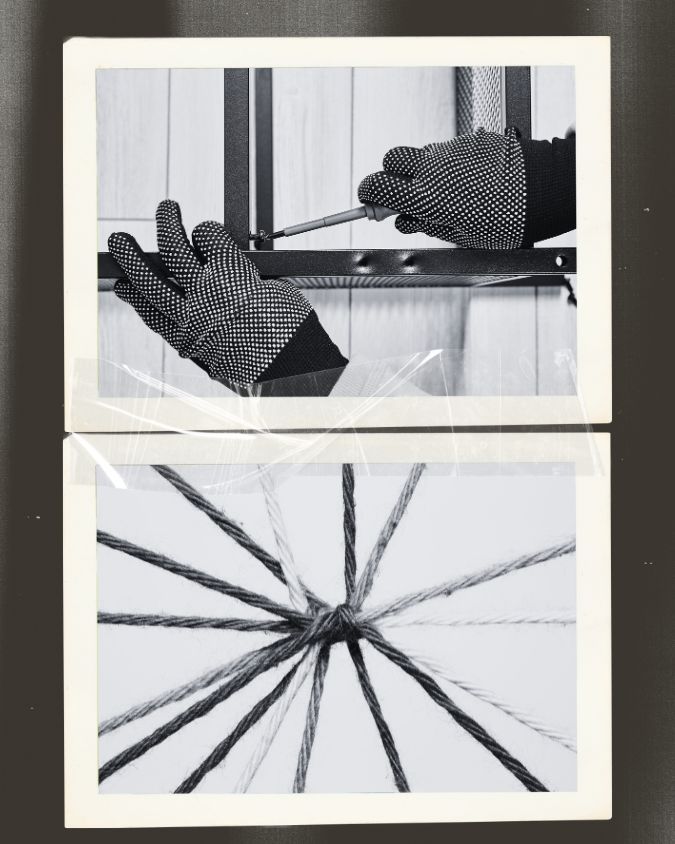 College of photos, first picture hand in gloves assembling furniture, second picture below string intertwined