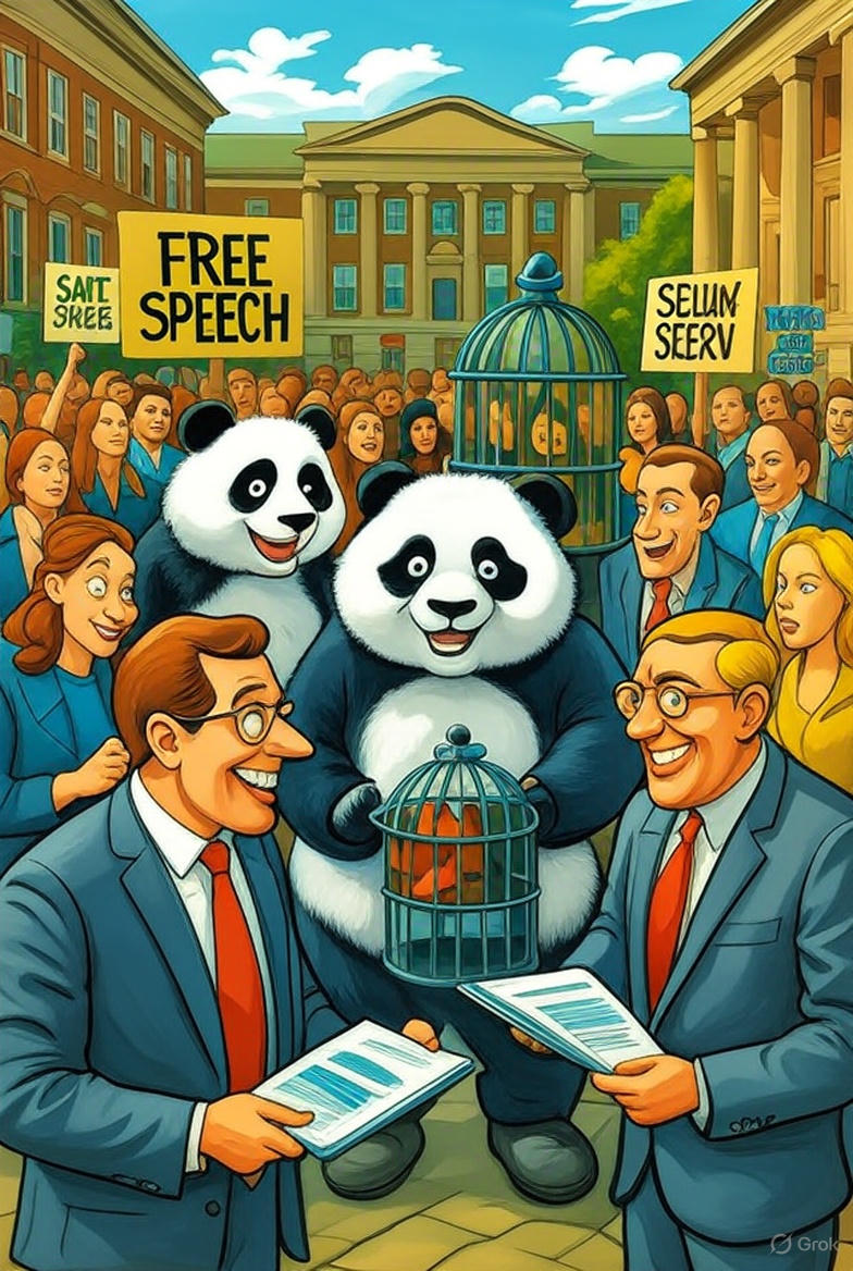 Caricature-style illustration of a crowded Yale University campus protest in 2015: exaggerated students in panda Halloween costumes rally with "Safe Spaces" signs, clashing against stern administrators and professors holding stacks of bureaucratic paperwork inside a massive iron cage; "Free Speech" banners wave amid the chaos, evoking themes of administrative overreach and free expression tensions.