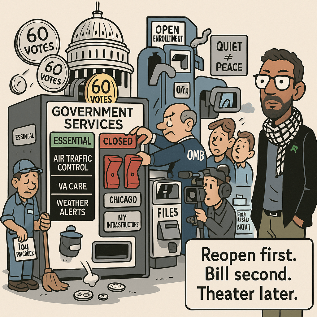 Satirical cartoon showing a U.S. government shutdown: park gate chained with ‘Closed for Budgetary Maintenance,’ furloughed worker with empty wallet, air-traffic control tower still operating, mail truck delivering, OMB switch flipped to ‘Freeze,’ a 59-vote Senate scoreboard, and a ‘ACA premium credits’ balloon floating toward a Nov. 1 enrollment calendar.