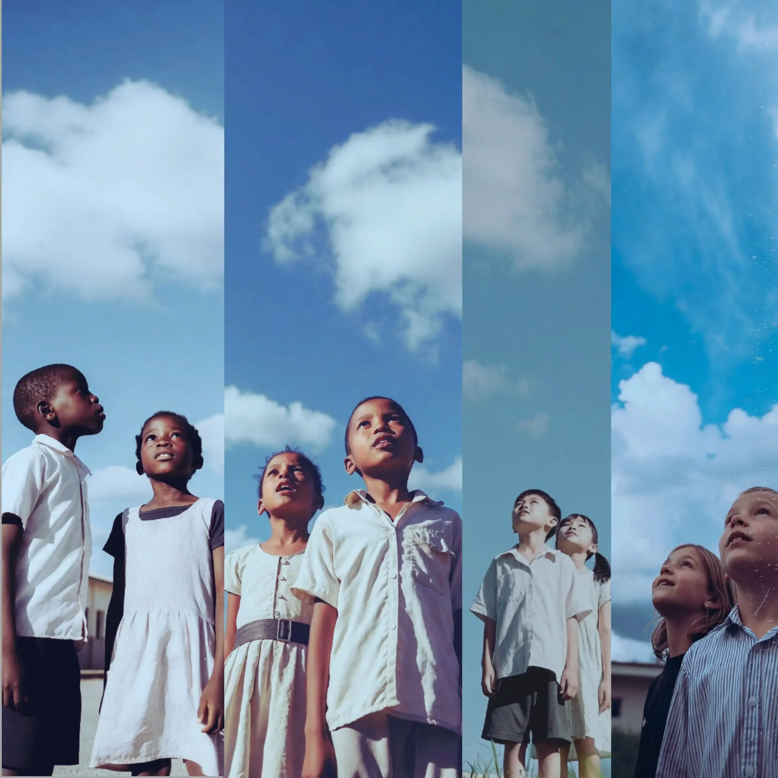 Song Cover First Blue Sky: Children of diverse backgrounds looking up to a blue sky